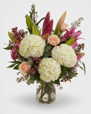 Lily rose hydrangea arrangement in vase glass or ceramic. Fresh flowers with Ringwood delivery