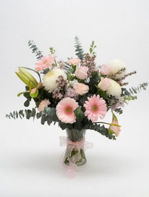 luxury pink & white mixed arrangement in glass vase-Fresh flower florist in Ringwood offering local delivery.