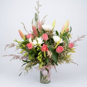 Lily, Rose & Disbud Glass Vase Arrangement